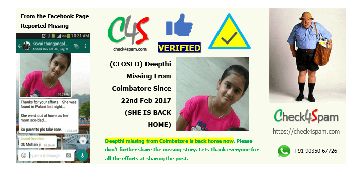 deepthi missing coimbatore 22nd Feb 2017 back home